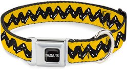 Buckle-Down Peanuts Charlie Brown Zig Zag Stripe Metal Seatbelt Buckle Polyster Dog Collar, Yellow/Black, Medium: 11 to 16.5-in neck, 1-in wide