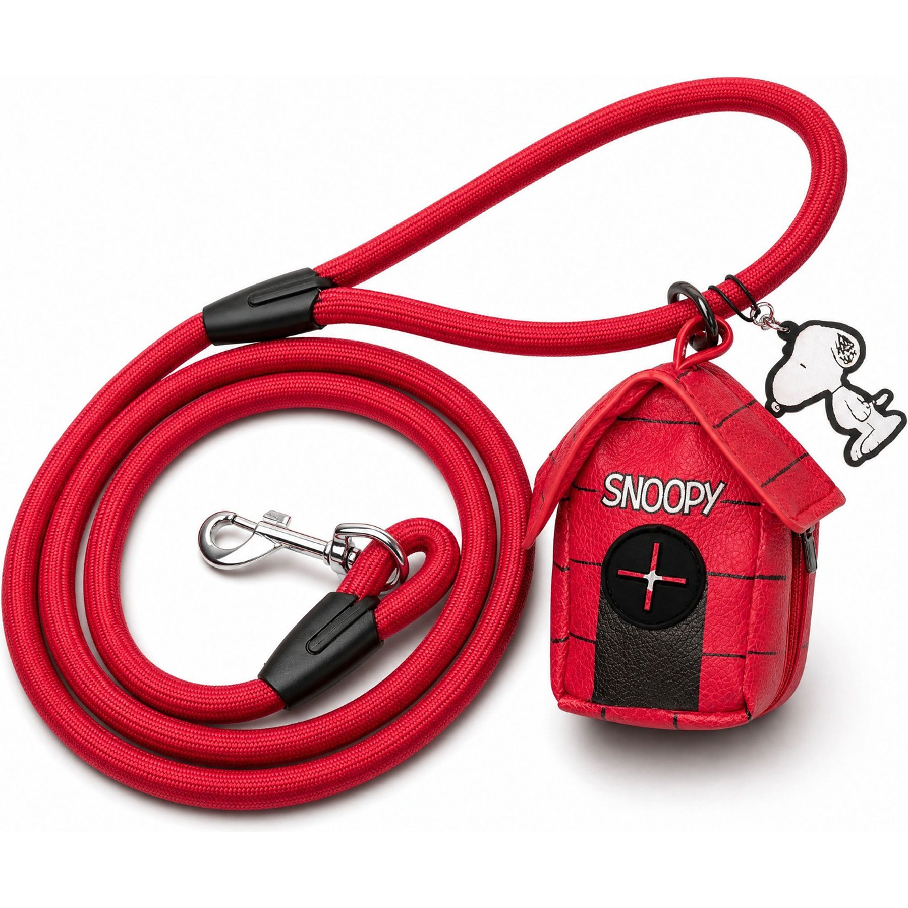 Buckle-Down Peanuts Embellishment Dog Leash with Waste Bag Dispenser, Red, 4.5-ft long, 2.5-in wide