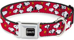 Buckle-Down Peanuts Snoopy & Woodstock Poses Scattered Metal Seatbelt Buckle Polyster Dog Collar, Red, Small: 9.5 to 13-in neck, 1-in wide