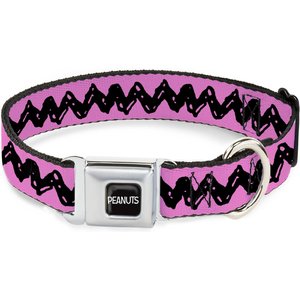 Buckle-Down Peanuts Worldwide LLC Peanuts Charlie Brown Metal Seatbelt Buckle Dog Collar, Pink/Black, Large: 20 to 31-in neck, 1.5-in wide