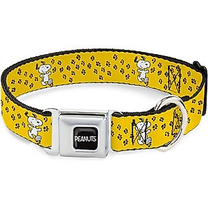 Buckle-Down Peanuts Worldwide LLC Snoopy Smiling Metal Seatbelt Buckle Dog Collar, Yellow/Black/White, Medium: 16 to 23-in neck, 1.5-in wide