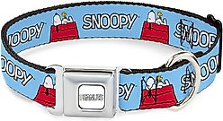 Buckle-Down Peanuts Worldwide LLC Snoopy & Woodstock Dog House Metal Seatbelt Buckle Dog Collar, Sky Blue, Small: 9.5 to 13-in neck, 1-in wide slide 1 of 6