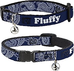 Buckle-Down Personalized Breakaway Cat Collar with Bell, Paisley Blue & White