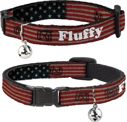 Show full view: Buckle-Down Personalized Breakaway Cat Collar with Bell, Vintage US Flag Stretch slide 1 of 2