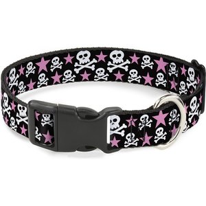 Buckle-Down Plastic Buckle Skulls Stars Print Polyester Dog Collar, Black/White/Pink, Narrow Medium: 8.5 to 12-in neck, 1/2-in wide