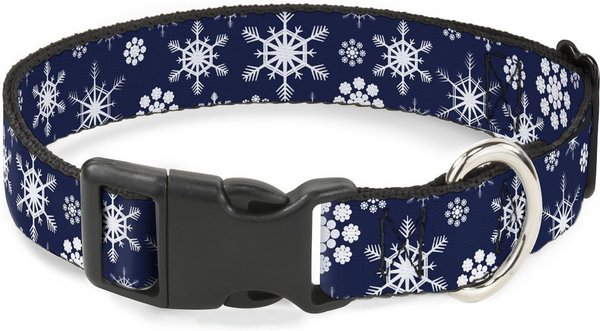 Buckle-Down Plastic Buckle Snowflakes Print Polyester Dog Collar, Blue/White