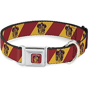 Buckle-Down Seatbelt Buckle Gryffindor Crest Diagonal Stripe Dog Collar, Gold & Red, 16-23-in