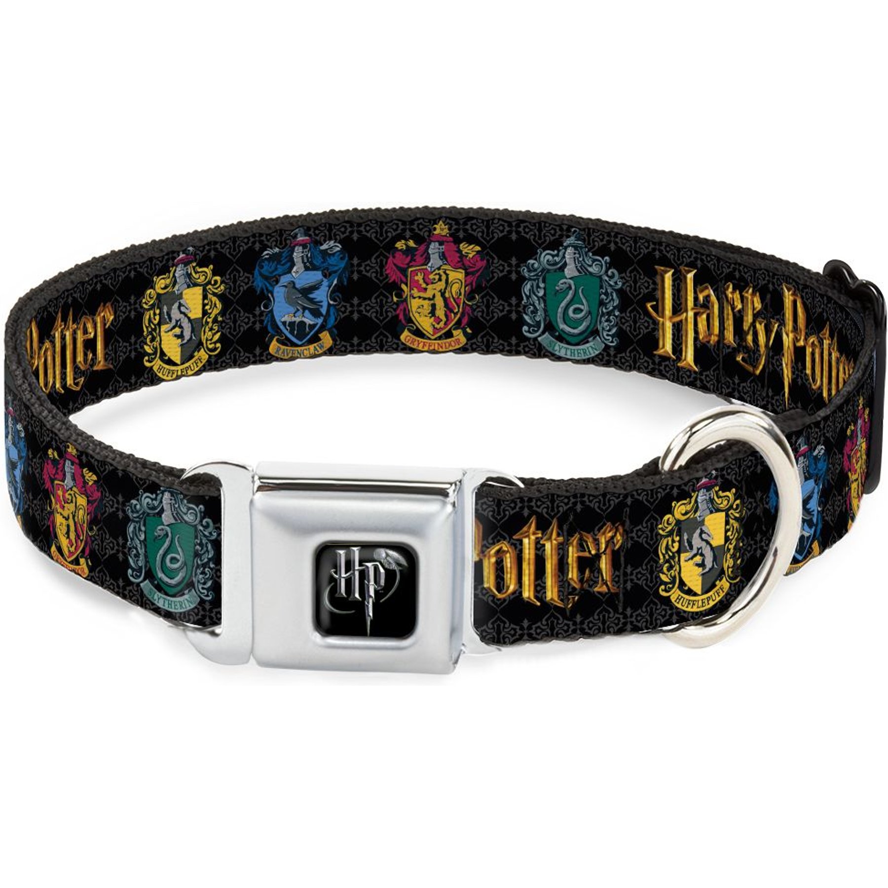 Buckle-Down Seatbelt Buckle Harry Potter Hufflepuff Ravenclaw Gryffindor Slytherin Dog Collar, Black, 13-17-in