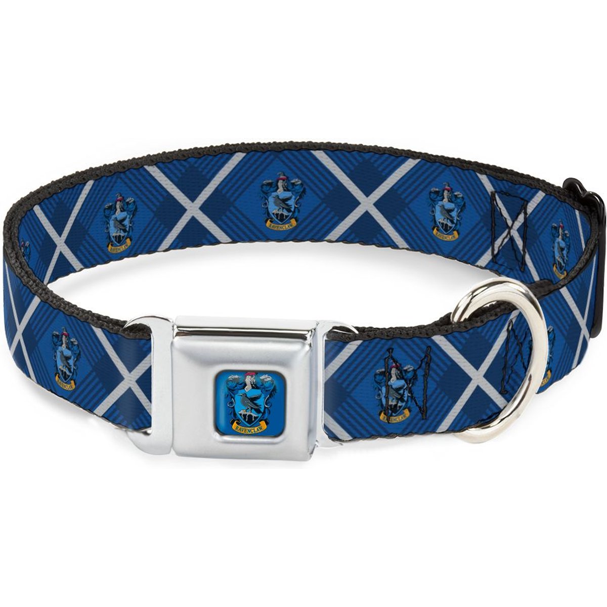Buckle-Down Seatbelt Buckle Harry Potter Ravenclaw Crest Plaid Dog Collar, Blue & Gray, 9.5-13-in