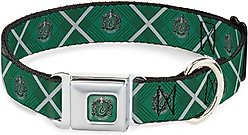 Buckle-Down Seatbelt Buckle Harry Potter Slytherin Crest Plaid Greens Dog Collar, Grey, 11-16.5-in