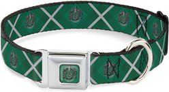 Buckle-Down Seatbelt Buckle Harry Potter Slytherin Crest Plaid Greens Dog Collar, Grey, 13-17-in