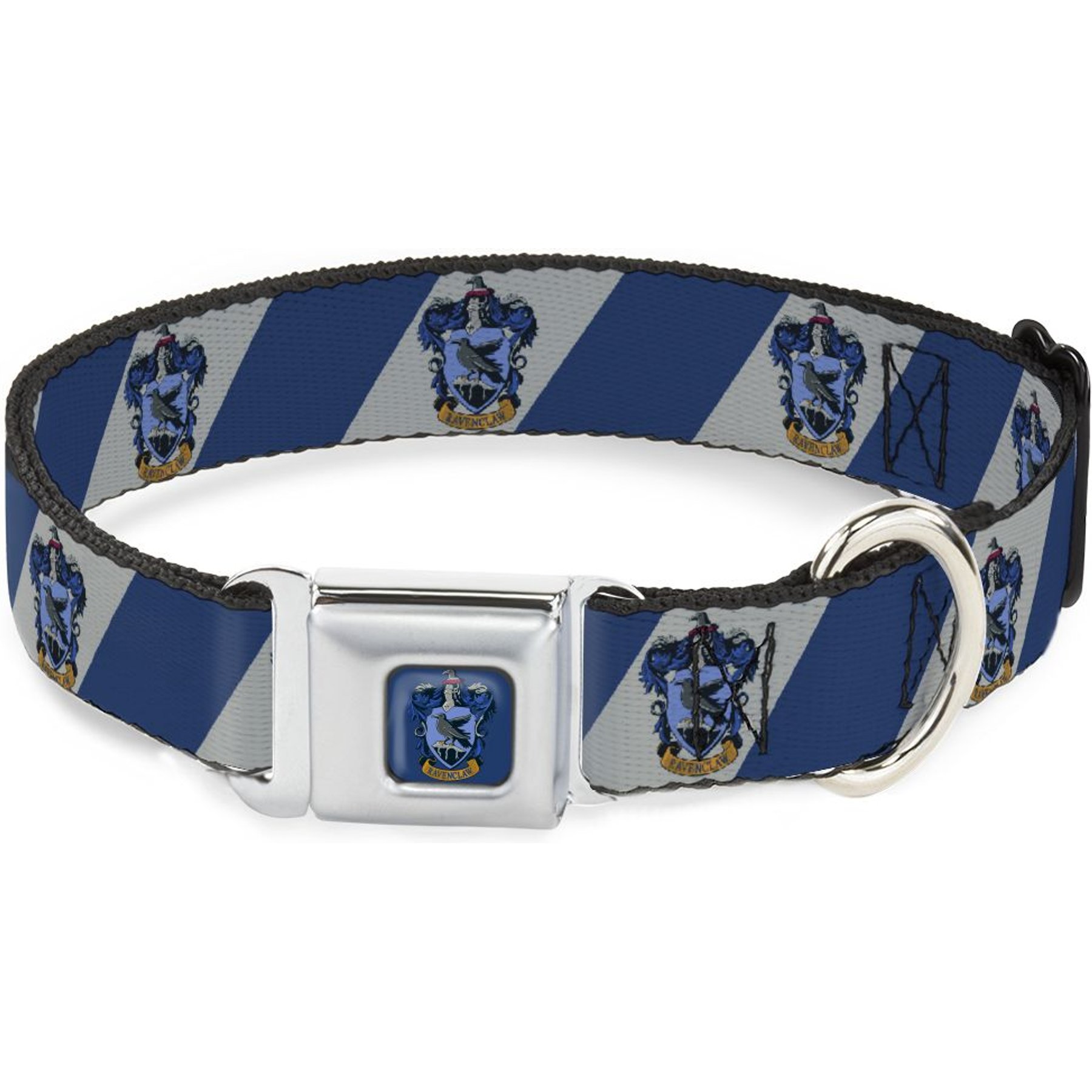 Buckle-Down Seatbelt Buckle Ravenclaw Crest Diagonal Stripe Dog Collar, Gray & Blue, 16-23-in