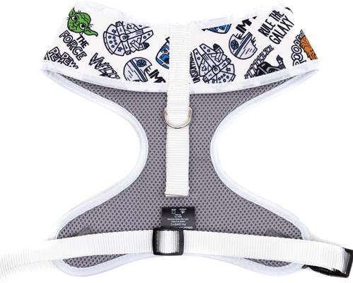 Show full view: Buckle-Down Star Wars Characters & Quotes Cartoon Collage Gray Plastic Buckle Ployester Dog Harness, White, Small: 14 to 17-in chest slide 2 of 3