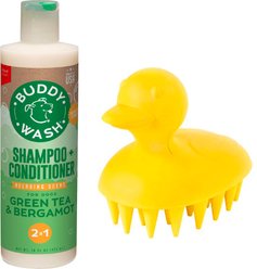 Buddy Wash Relaxing Green Tea & Bergamot Dog Shampoo & Conditioner, 16-oz bottle + Frisco Rubber Duckie Dog & Cat Curry Brush