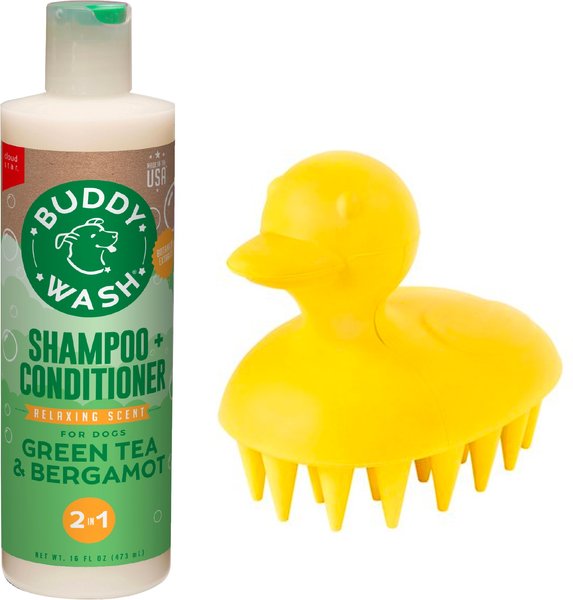 Show full view: Buddy Wash Relaxing Green Tea & Bergamot Dog Shampoo & Conditioner, 16-oz bottle + Frisco Rubber Duckie Dog & Cat Curry Brush slide 1 of 9