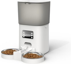 Bueteka Automatic Food Dispenser with Splitter & Stainless Bowls Cat & Dog Feeder, 6-lit, White