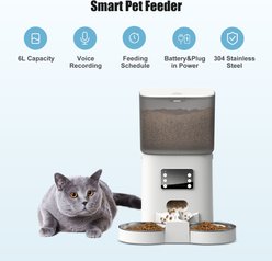 Bueteka Automatic Food Dispenser with Splitter & Stainless Bowls Cat & Dog Feeder, 6-lit, White slide 2 of 9