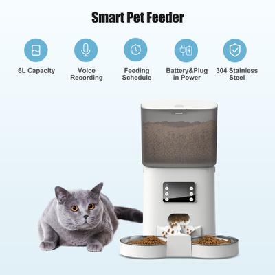 Show full view: Bueteka Automatic Food Dispenser with Splitter & Stainless Bowls Cat & Dog Feeder, 6-lit, White slide 2 of 11