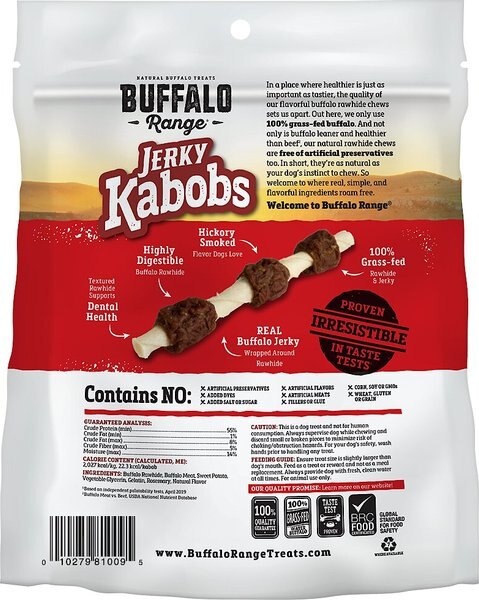 Buffalo Range All Natural Grain-Free Jerky Kabob Rawhide Dog Treats, 18 count