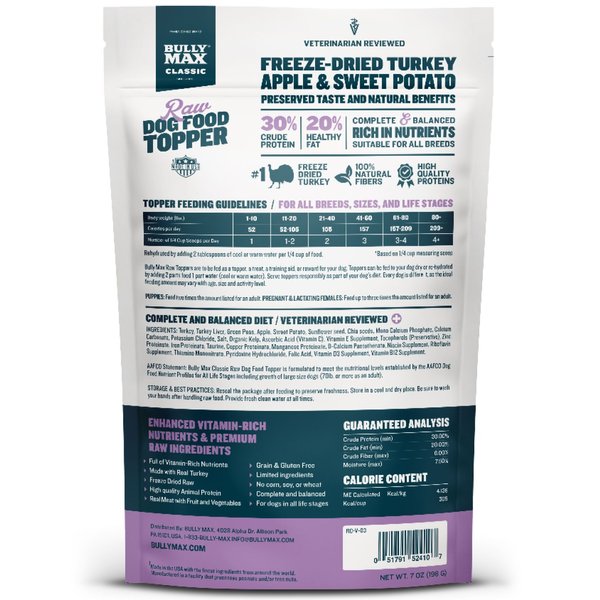 Bully Max Turkey High Protein Freeze-Dried Raw Dog Food Topper, 7-oz pouch