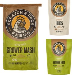 Bundle: Scratch and Peck Feeds Chicken & Duck Grower Organic Grower Mash, 25-lb bag + Organic Herbs, 10-oz pouch + Grower Grit, 7-lb pouch