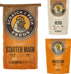 Bundle: Scratch and Peck Feeds Chicken & Duck Starter Organic Starter Mash, 25-lb bag + Organic Herbs, 10-oz pouch + Starter Grit, 7-lb pouch