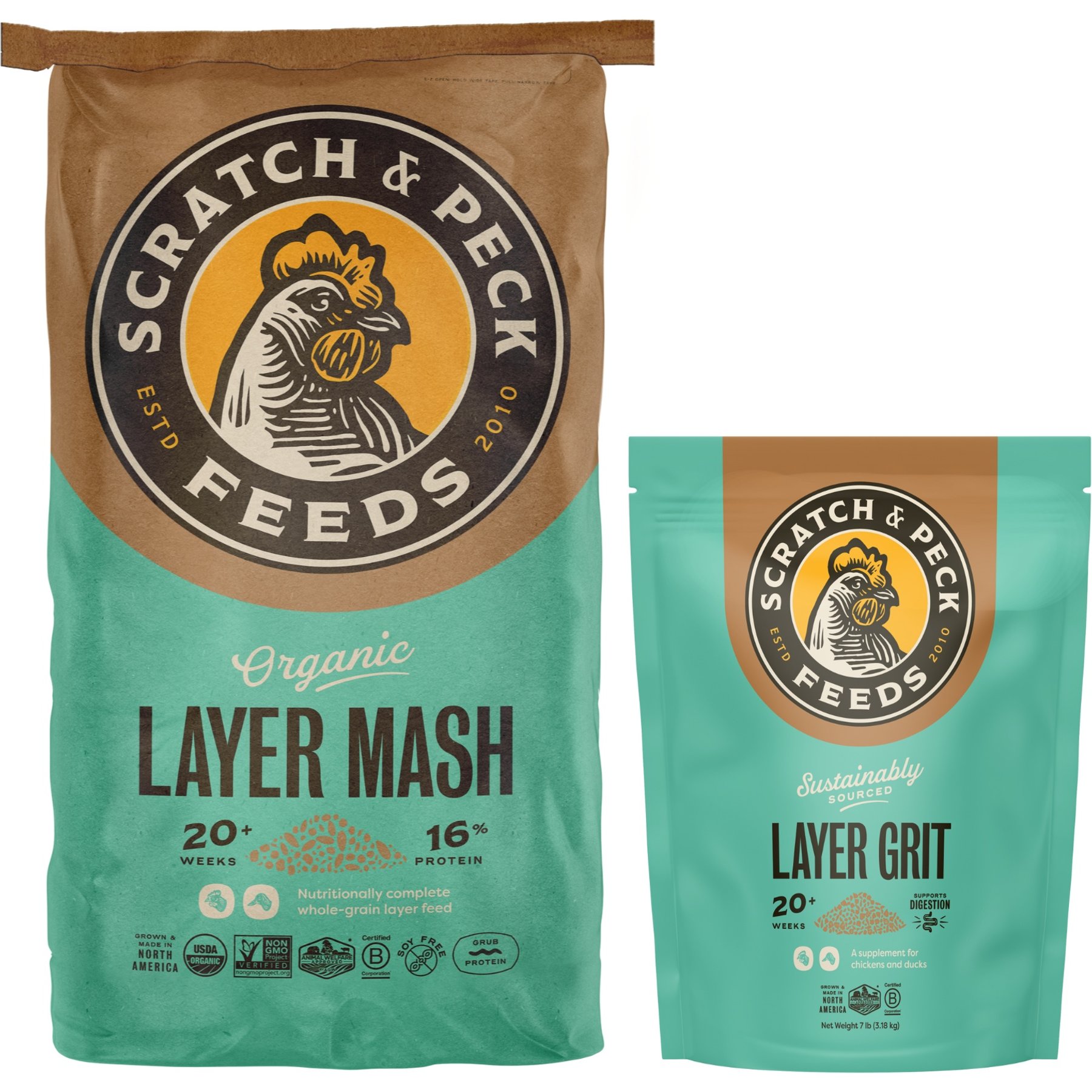 Bundle: Scratch and Peck Feeds Organic Chicken & Duck Feed 16% Layer Mash, 25-lb bag + Layer Grit, 7-lb pouch