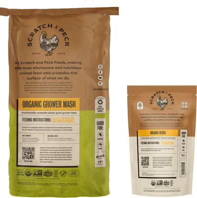 Show full view: Bundle: Scratch and Peck Feeds Organic Chicken & Duck Feed 17% Grower Mash, 25-lb bag + Organic Herbs, 10-oz pouch slide 2 of 9