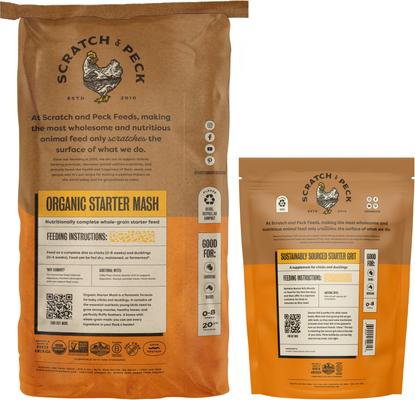 Show full view: Bundle: Scratch and Peck Feeds Organic Chicken & Duck Feed 20.5% Starter Mash, 25-lb bag + Starter Grit, 7-lb pouch slide 2 of 9