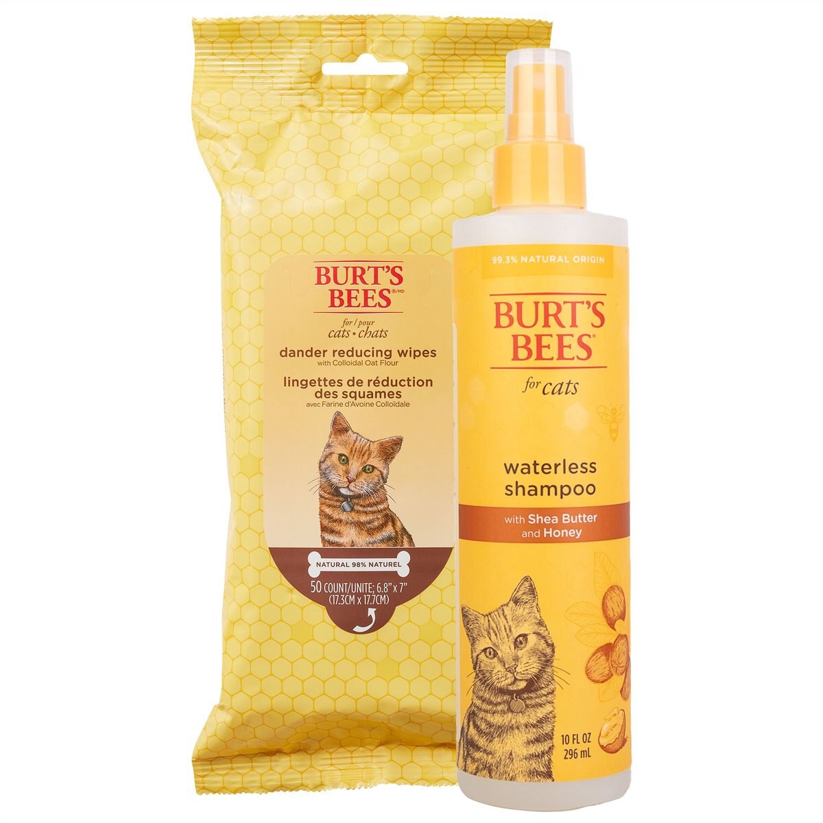 Burt's Bees Dander Reducing Wipes with Colloidal Oat Flour & Aloe Vera, 50 count + Waterless Shampoo for Cats, 10-oz bottle
