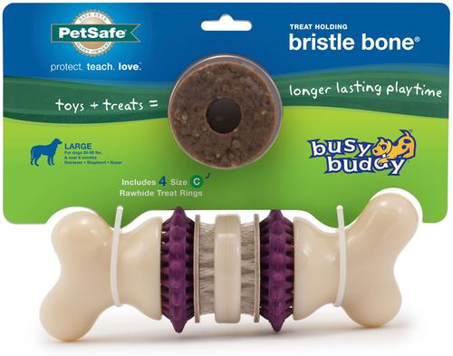 Show full view: Busy Buddy Bristle Bone Treat Dispenser Dog Chew Toy + Peanut Butter & Rawhide Variety Pack Refill Rings Dog Treat, 24 count slide 2 of 10