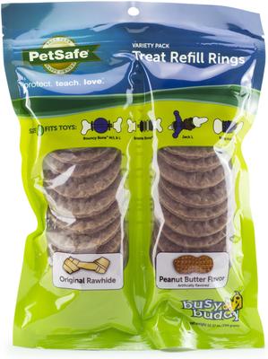 Show full view: Busy Buddy Bristle Bone Treat Dispenser Dog Chew Toy + Peanut Butter & Rawhide Variety Pack Refill Rings Dog Treat, 24 count slide 6 of 10