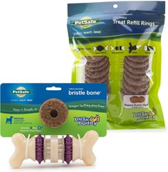 Busy Buddy Bristle Bone Treat Dispenser Tough Dog Chew Toy, Medium + Busy Buddy Peanut Butter & Rawhide Variety Pack Refill Rings Dog Treat, Medium