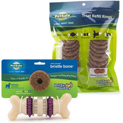 PetSafe Busy Buddy Bristle Bone Treat Dispenser Tough Dog Chew Toy, Medium + Busy Buddy Peanut Butter & Rawhide Variety Pack Refill Rings Dog Treat, Medium