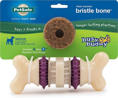 Show full view: Busy Buddy Bristle Bone Treat Dispenser Tough Dog Chew Toy, Medium + Busy Buddy Peanut Butter & Rawhide Variety Pack Refill Rings Dog Treat, Medium slide 2 of 9