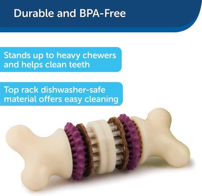 Show full view: Busy Buddy Bristle Bone Treat Dispenser Tough Dog Chew Toy, Medium + Busy Buddy Peanut Butter & Rawhide Variety Pack Refill Rings Dog Treat, Medium slide 3 of 9