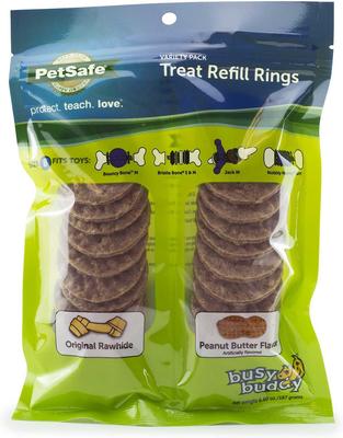 Show full view: Busy Buddy Bristle Bone Treat Dispenser Tough Dog Chew Toy, Medium + Busy Buddy Peanut Butter & Rawhide Variety Pack Refill Rings Dog Treat, Medium slide 6 of 9