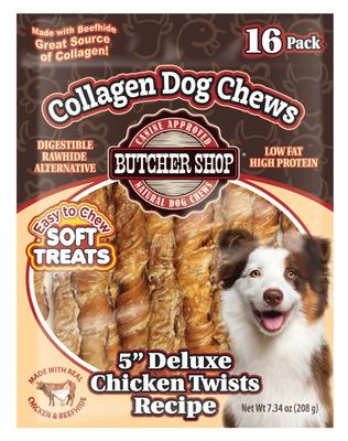 Show full view: Butcher Shop Collagen 5-in Deluxe Chicken Twists Recipe Dog Jerky Treat, 7.34-oz bag slide 1 of 3