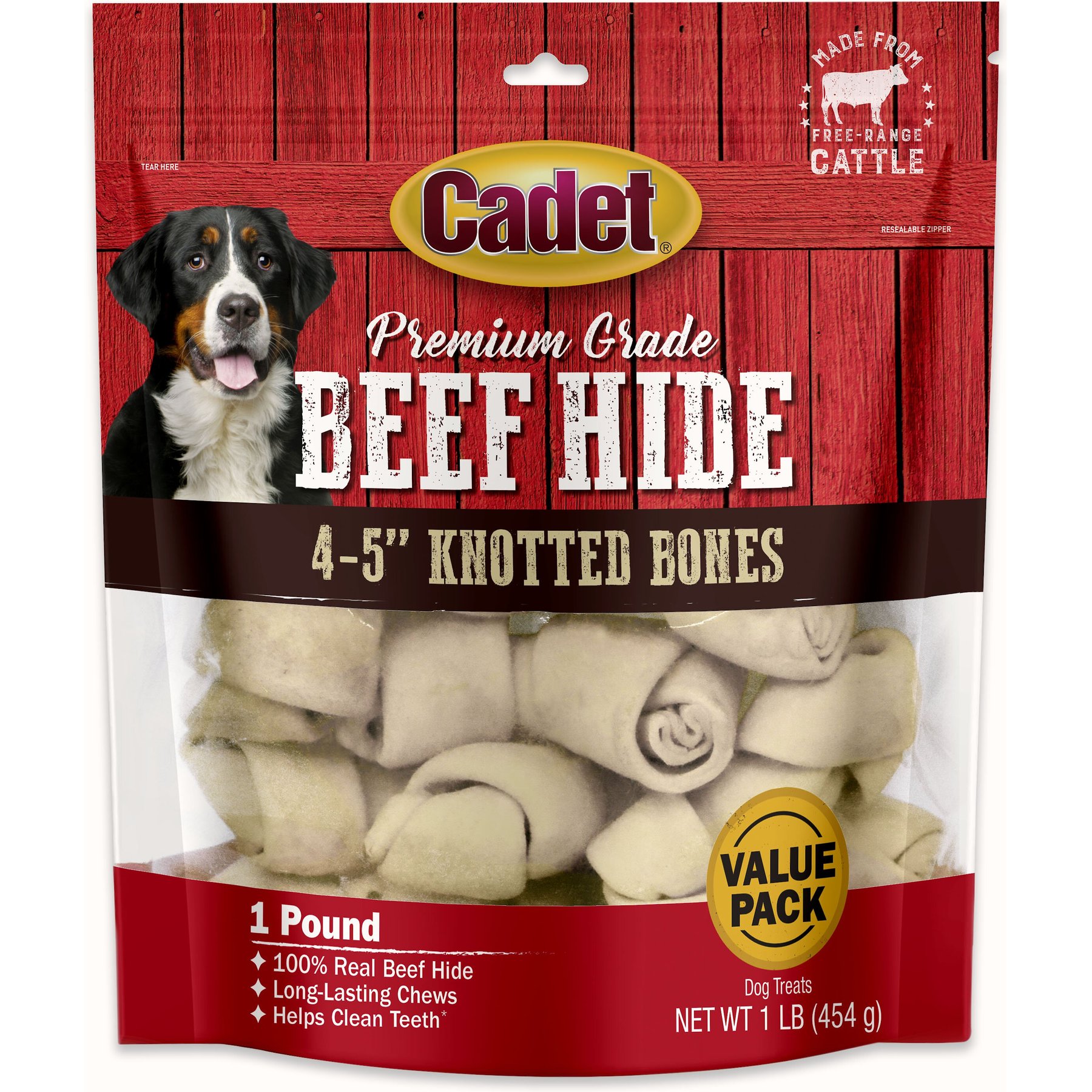 Cadet Premium Beef Hide Knotted Bone Beef Flavor Dog Chews, 4-5-in, 1-lb bag