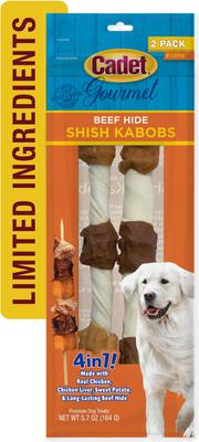 Show full view: Cadet Gourmet Beef Hide Shish Kabobs Chicken & Sweet Potato Flavor Dog Chews, X-Large, 2 count slide 9 of 11