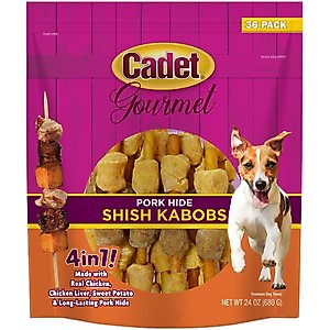 Cadet Gourmet Pork Hide Shish Kabobs Pork Flavor Dog Chews, Small, 36 count