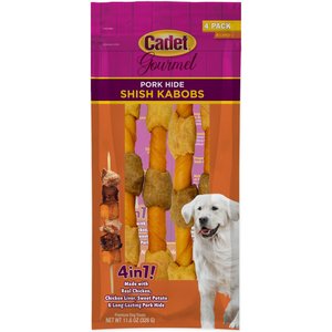Cadet Gourmet Pork Hide Shish Kabobs Pork Flavor Dog Chews, X-Large, 4 count