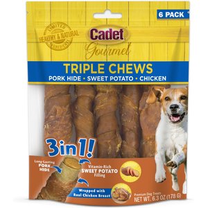 Cadet Gourmet Triple Chews Pork Hide, Chicken & Sweet Potato Twists Dog Treat, 6 count