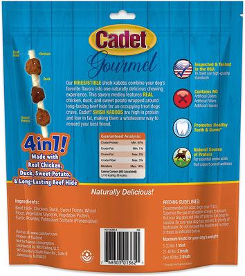 Show full view: Cadet Gourmet Beef Hide Shish Kabob Dog Treats Small, Chicken, Liver, & Sweet Potato, 12-oz bag, bundle of 3 slide 4 of 11