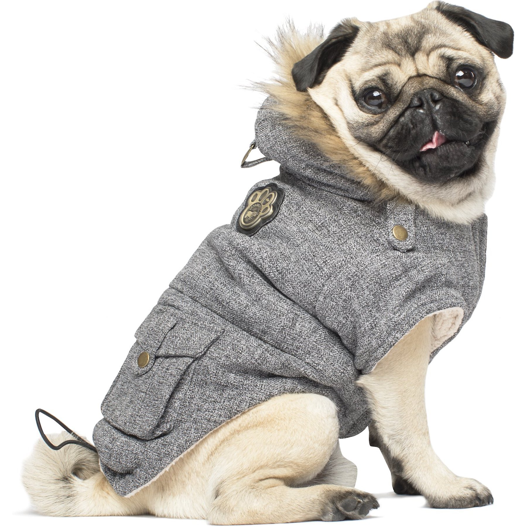 Canada Pooch Alaskan Army Faux Down Insulated Dog Parka, Salt & Pepper, 12