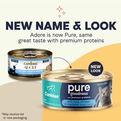 Show full view: CANIDAE Adore Grain-Free Tuna, Chicken & Mackerel in Broth Canned Cat Food, 2.46-oz, case of 24 slide 3 of 10