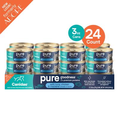 Show full view: CANIDAE Adore Grain-Free Tuna, Chicken & Mackerel in Broth Canned Cat Food, 2.46-oz, case of 24 slide 4 of 10
