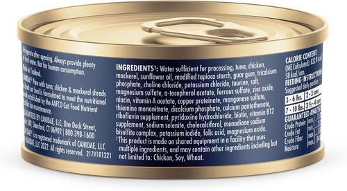 Show full view: CANIDAE Adore Grain-Free Tuna, Chicken & Mackerel in Broth Canned Cat Food, 2.46-oz, case of 24 slide 5 of 10