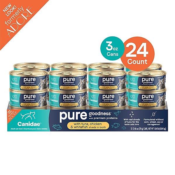 Show full view: CANIDAE Adore Grain-Free Tuna, Chicken & Whitefish in Broth Canned Cat Food, 2.46-oz, case of 24 slide 5 of 8