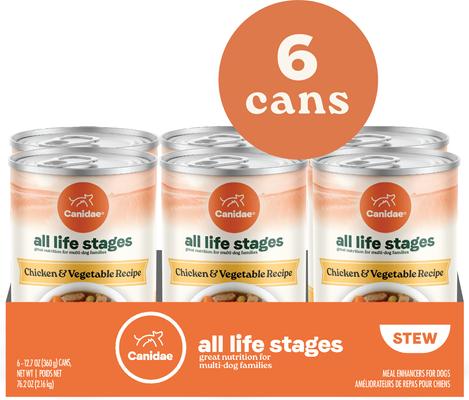 Show full view: CANIDAE All Life Stages Chunky Stew Toppers Chicken & Vegetable Recipe Wet Dog Food, 12.7-oz can, case of 6 slide 4 of 11